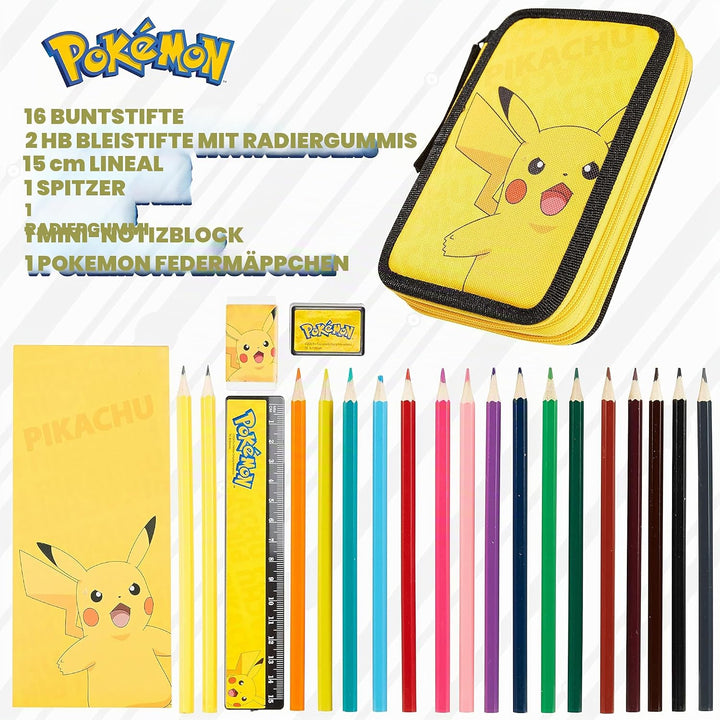 Pokemon Federmäppchen Gross, Gefüllte Federmappe Jungen mit Schreibwaren Set - Pikachu Geschenke für