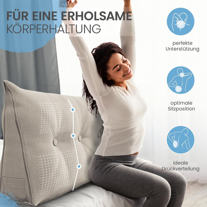 ELONEO Rückenkissen 140 cm breit, Keilkissen für Bett und Sofa geeignet, dreieckiges Lesekissen, Kis