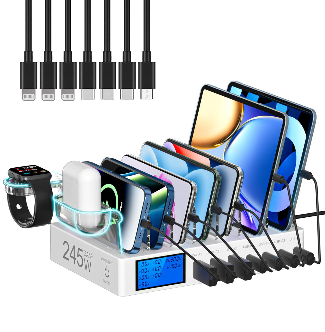 Ladestation Mehrere Geräte, 245W 7-Port-Handy Ladestation mit LCD-Anzeige, 100W PD USB C Schnelllade