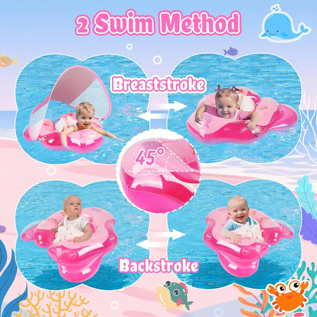 Olycism Baby Schwimmring mit Sonnendach UPF50+ & Spielzeug Spielen Lenkrad Kinderboot Babyschwimmrei