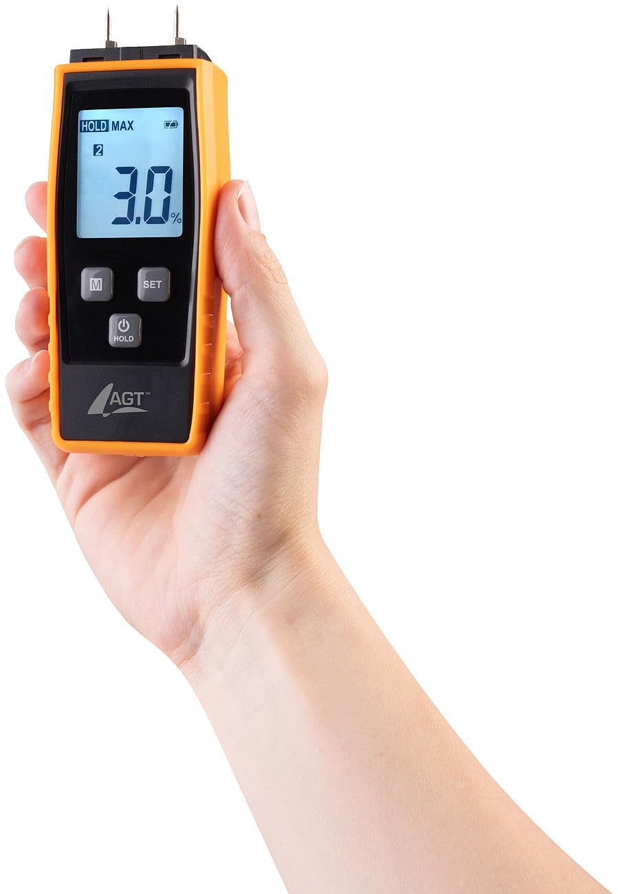 AGT Feuchtigkeitsmessgerät: Mobiler 4in1-Feuchtigkeitsdetektor, Batterie-Betrieb, LCD-Display (Holzf