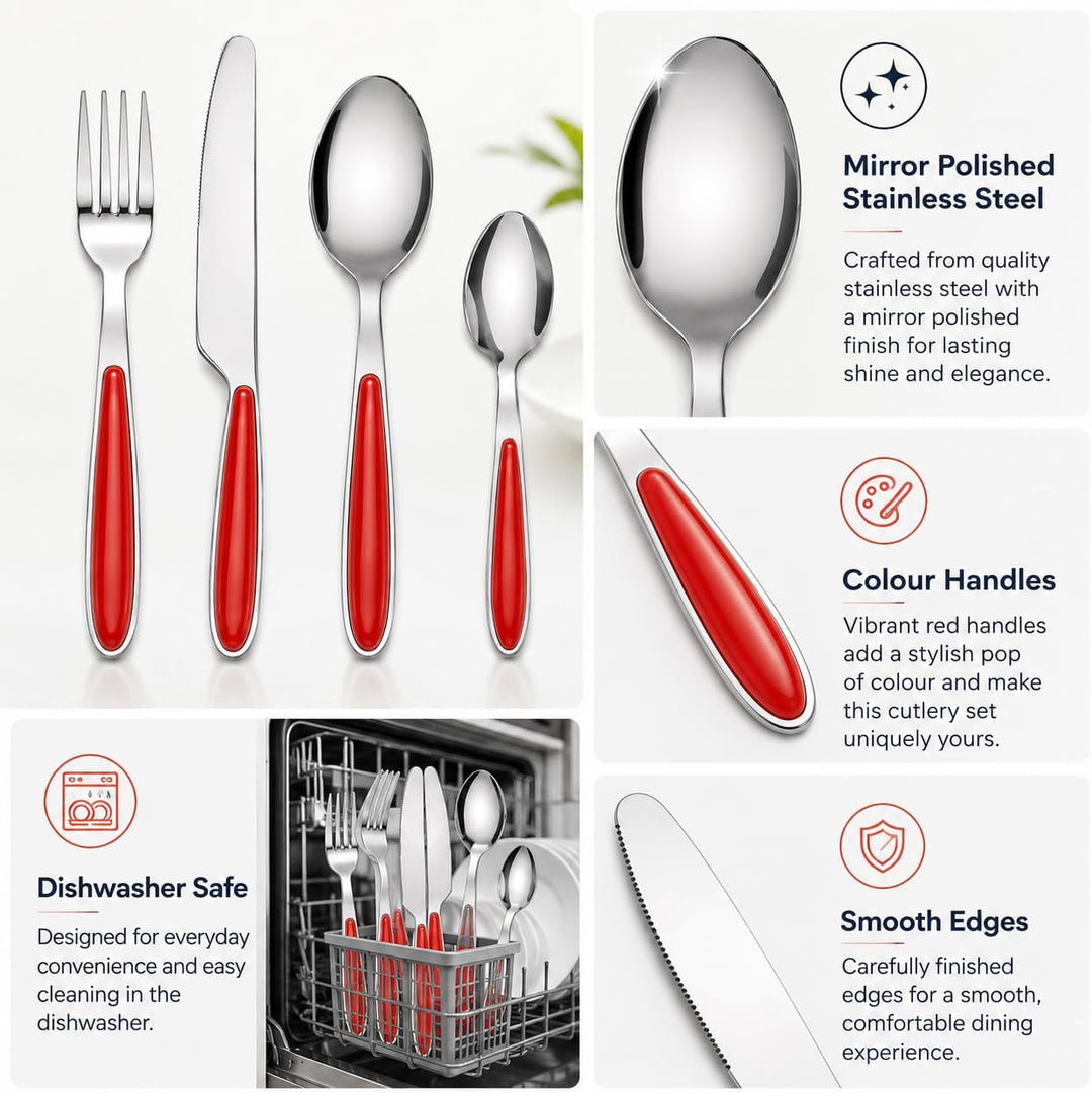 EXZACT Rostfrei Stahl Besteck Set einem Plastikhalter 24 PCS - Farbige Griffe - 6 Gabeln, 6 Messer,