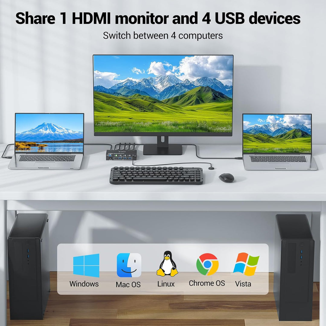 KVM Switch 4 PC 1 Monitor HDMI USB-C DP, 4K@60Hz EDID USB3.0 KVM Switch 4 Port für 4 Computer Teilen