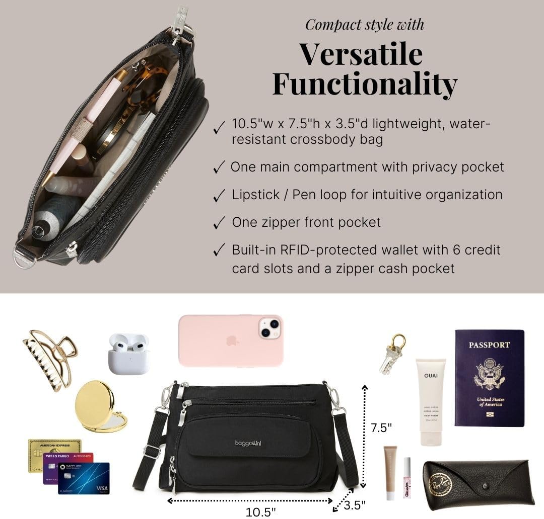 Baggallini Damen Original RFID Everyday Crossbody Bag Umhängetasche, Einheitsgrösse Schwarz, Schwarz