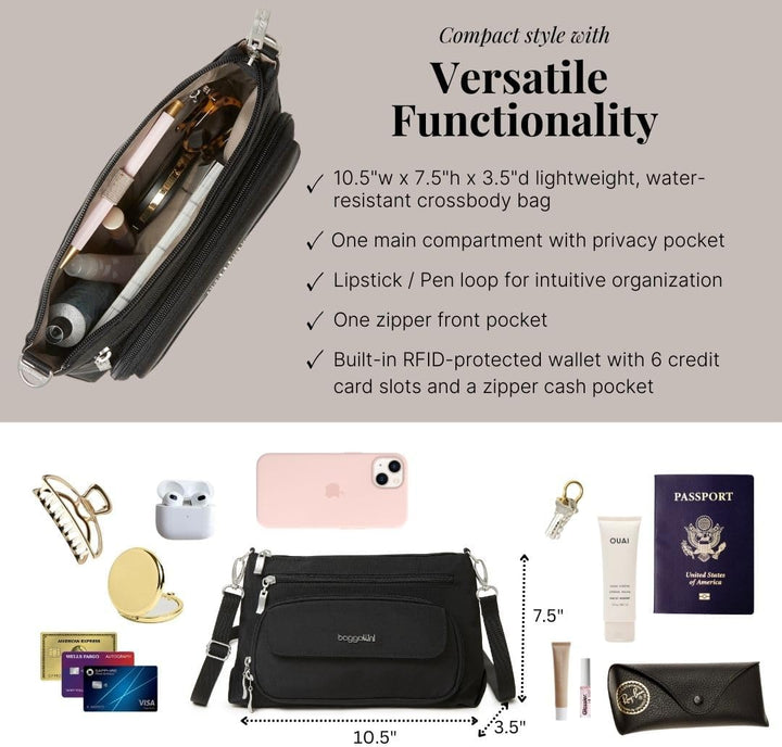 Baggallini Damen Original RFID Everyday Crossbody Bag Umhängetasche, Einheitsgrösse Schwarz, Schwarz