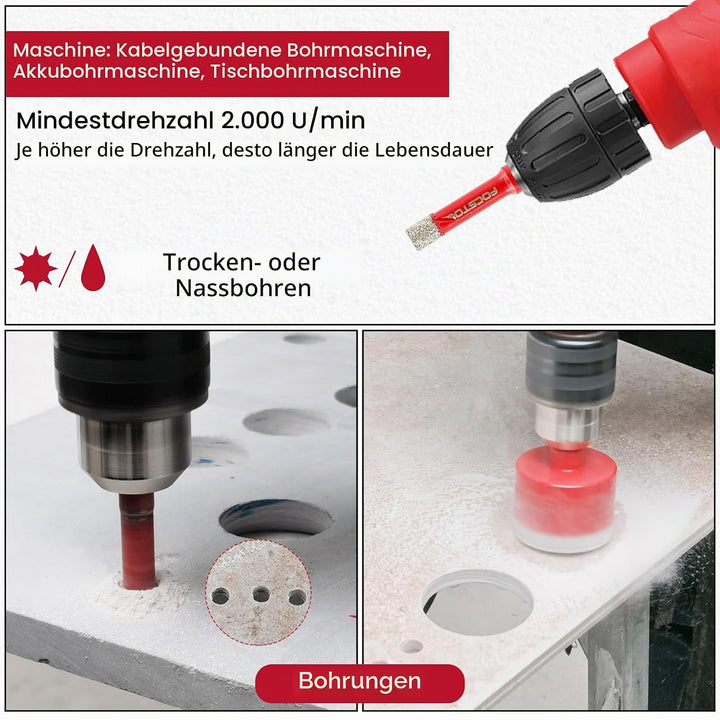 FOCSTOL Diamant Fliesenbohrer Set - 6/6/8/10/20/25/32/35/45/50/65mm mit Dreikantschaft für Porzellan
