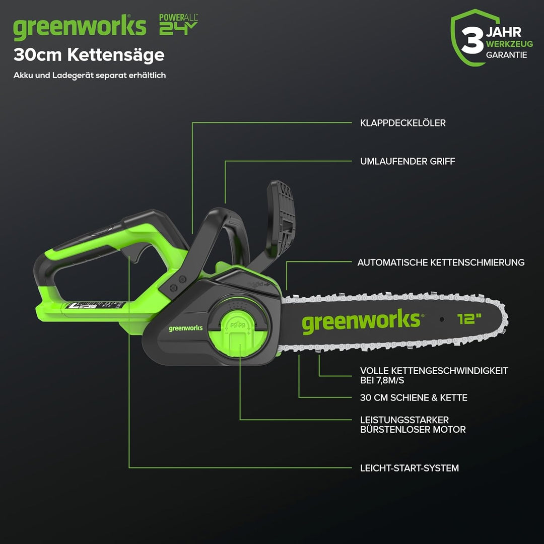 Greenworks GD24CS30 Akku Kettensäge mit bürstenlosem Motor, 30 cm Blattlänge, 7,8 m/s Kettengeschwin