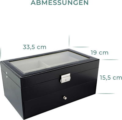 Grinscard Brillenbox zur Aufbewahrung von 12 Brillen - Schwarz, Weiss - ca. 34 x 19 x 16 cm - Sonnen