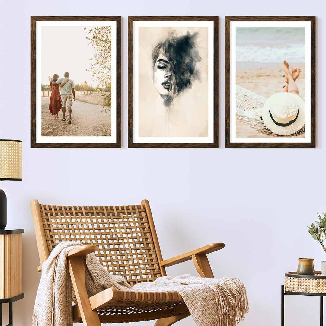 PHOTOLINI Bilderrahmen 40x60 Eiche dunkel Holz MDF, 3er Set breite 40x60 cm Bilderrahmen mit bruchsi