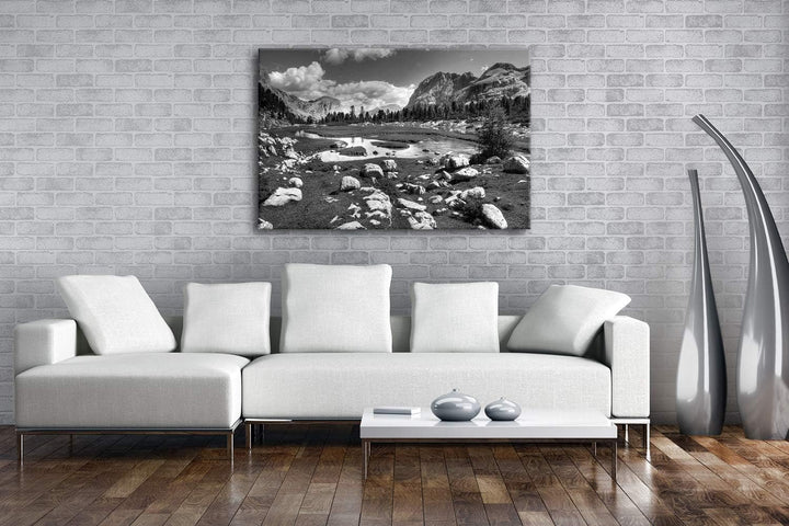 Fluss in den Bergen Format: 80x60 Effekt: Schwarz&Weiss als Leinwandbild, Motiv fertig gerahmt auf E