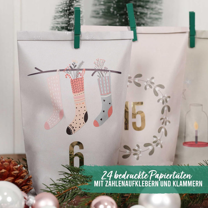 Papierdrachen Adventskalender 2025 zum Befüllen - 24 pastellfarbene Geschenktüten mit Zahlenaufklebe