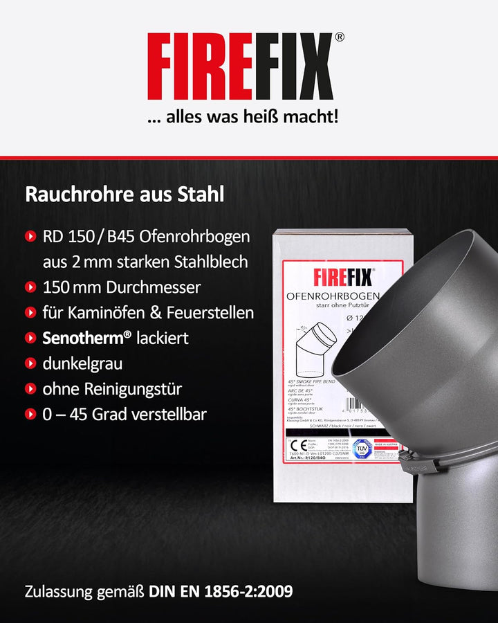 FIREFIX RD150/B45 Ofenrohrbogen I Ofenrohr 150mm aus Stahl für Kaminofen I Beschichtetes Kaminrohr,