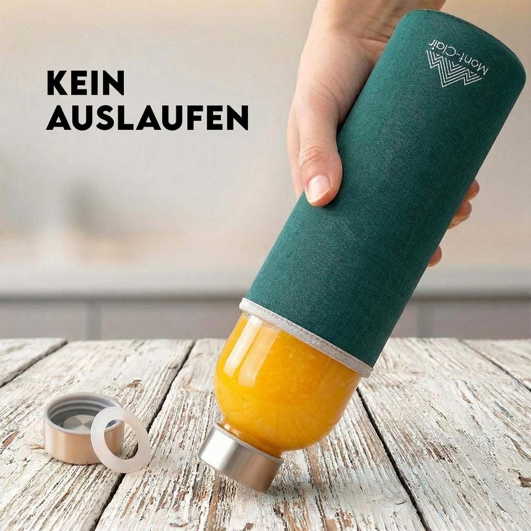 Mont-Clair Kristal Borosilikatglas Trinkflasche 1L - Wasserflasche Glas mit Neoprenhülle - Auslaufsi