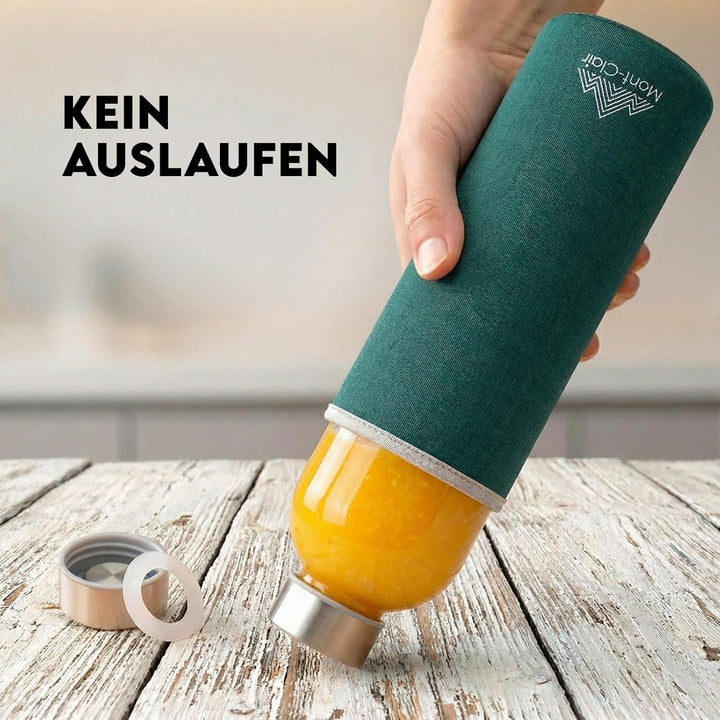 Mont-Clair Kristal Borosilikatglas Trinkflasche 1L - Wasserflasche Glas mit Neoprenhülle - Auslaufsi