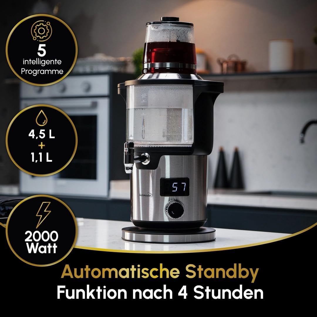 Aura Glas Samowar, 4,5L + 1,1L, 2000W, mit Temperaturregelung & Touch Display, Elektrischer Teekoche