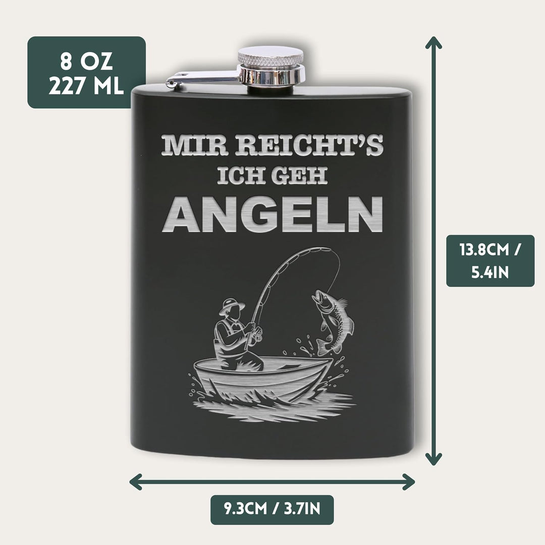 Flanacom Flachmann aus Edelstahl 227 ml (8oz) – Angeln & Fischer Design – inkl. Trichter – Auslaufsi