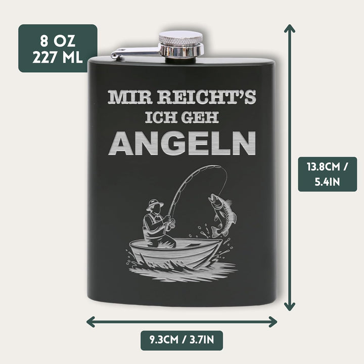 Flanacom Flachmann aus Edelstahl 227 ml (8oz) – Angeln & Fischer Design – inkl. Trichter – Auslaufsi