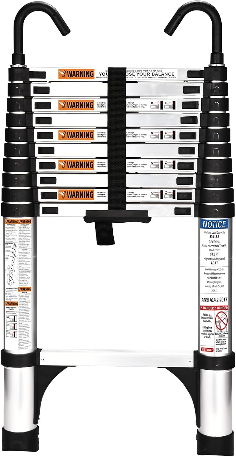 HBTower 3,2m Teleskopleiter Aluminium mit Haken, Leichte Ausziehleiter, Leiter Ausziehbar, klappbare