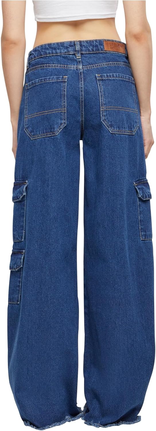 Urban Classics Ladies Mid Waist Cargo Denim Pants Frauen Cargohose schwarz Basics 26 Mid Indigo Wash