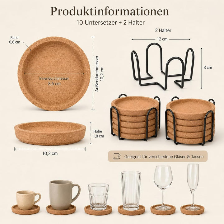 10 Stück Korkuntersetzer Rund mit Rand &amp; Metallhalter