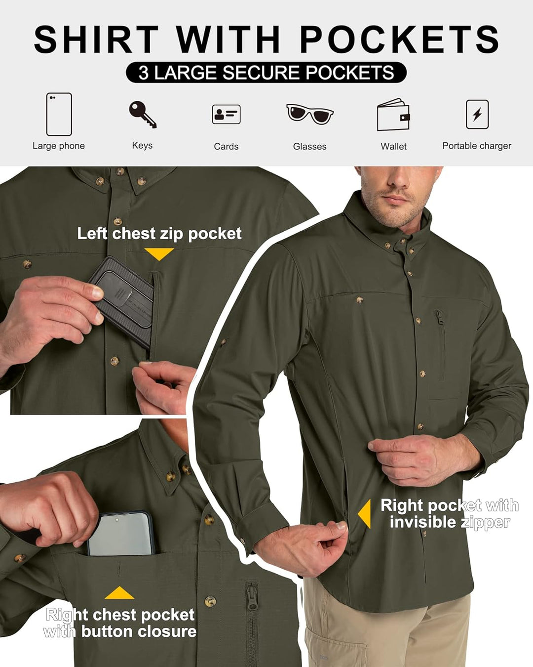 33,000ft Safari Hemd Herren Langarm Sportshemd UPF50+ UV Schutz Funktionshemd Atmungsaktiv Button-Do