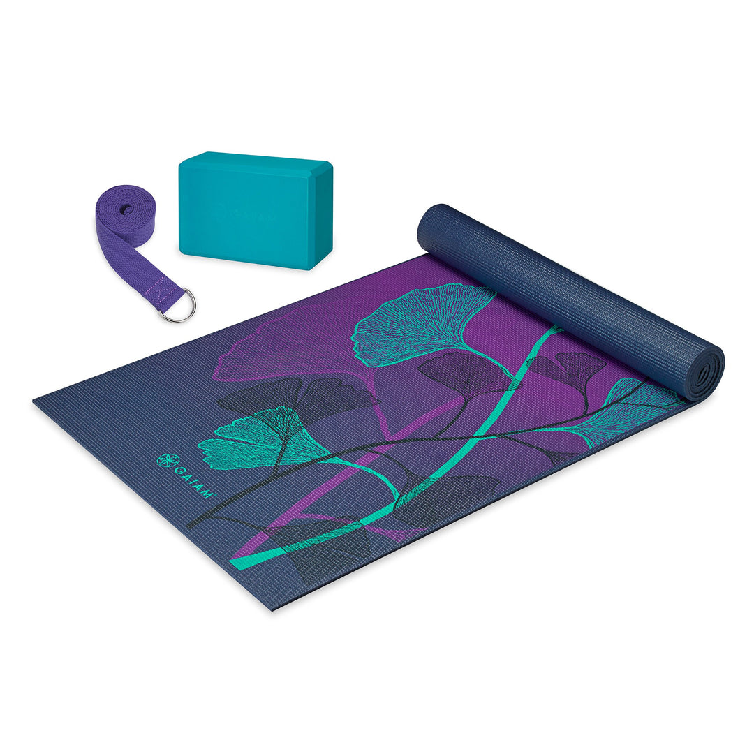 Gaiam Beginner's Yoga Starter Kit Set (Yoga Mat, Yoga Block, Yoga Strap) - Light 4mm Thick Printed N