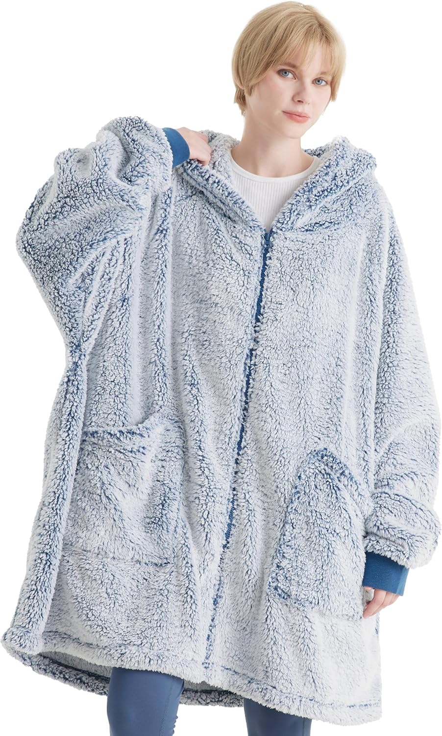 BEDSURE Hoodie Decke mit Ärmeln - Sherpa Deckenpullover mit Reissverschluss und Kapuze Blau, Tragbar