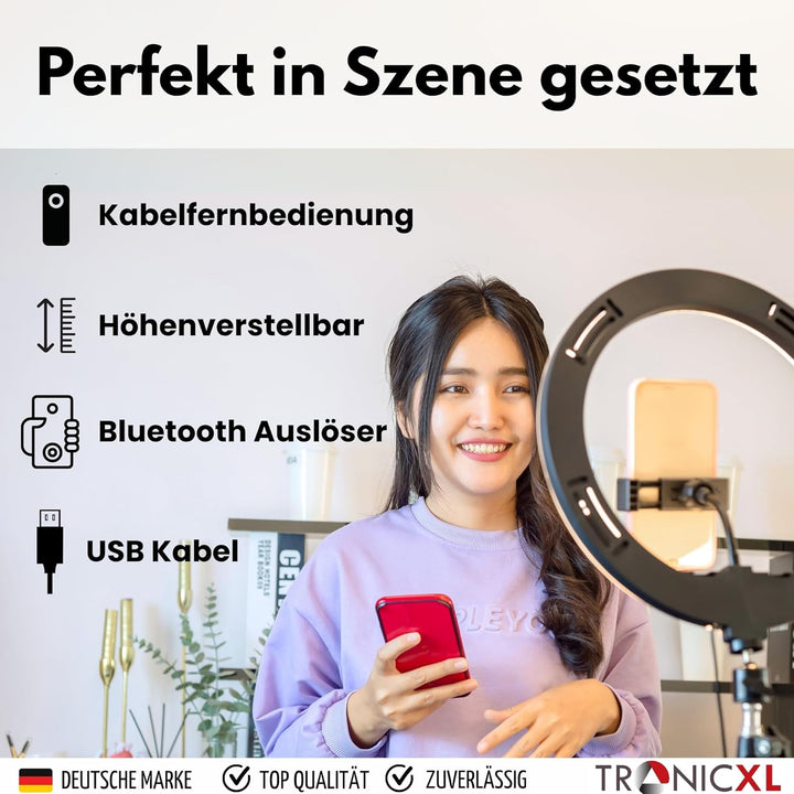 RGB Ringlicht + 1,05m Premium Stativ + Selbstauslöser für iPhone Smartphone Kamerastativ Tripod mit