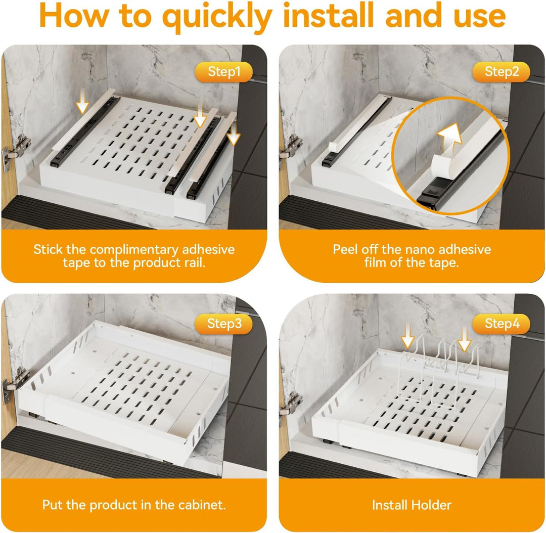 2 Pack erweiterbar Pull Out Cabinet Organizer Adhesive mit 8 Geschirrhalter, Pull Out Regale für Küc