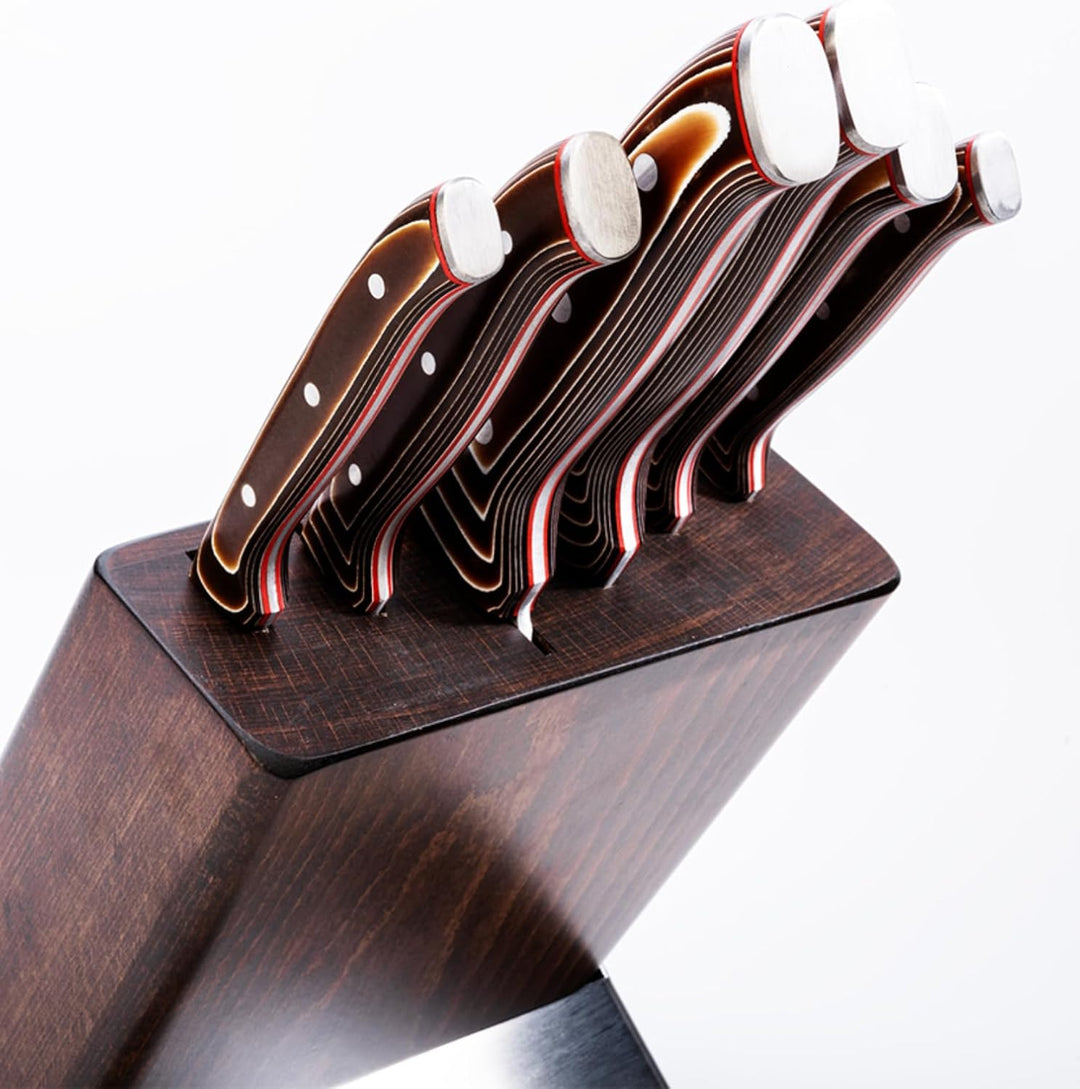 Pirge Elite Küchenmesser Set mit Block 7 TLG Edelstahl - Verbundholz Full Tang Messer Set mit Hainbu
