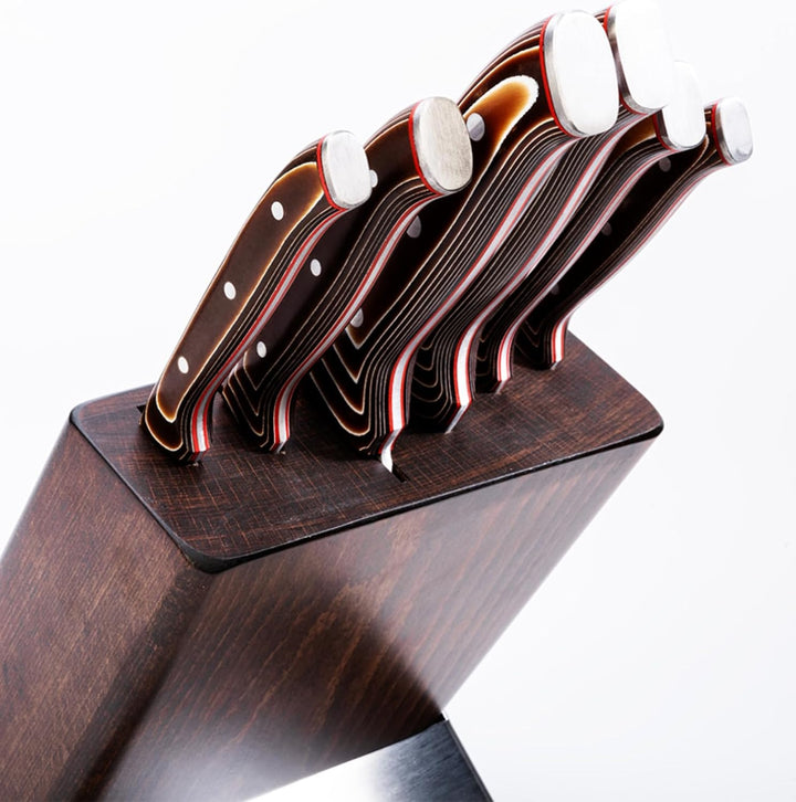 Pirge Elite Küchenmesser Set mit Block 7 TLG Edelstahl - Verbundholz Full Tang Messer Set mit Hainbu