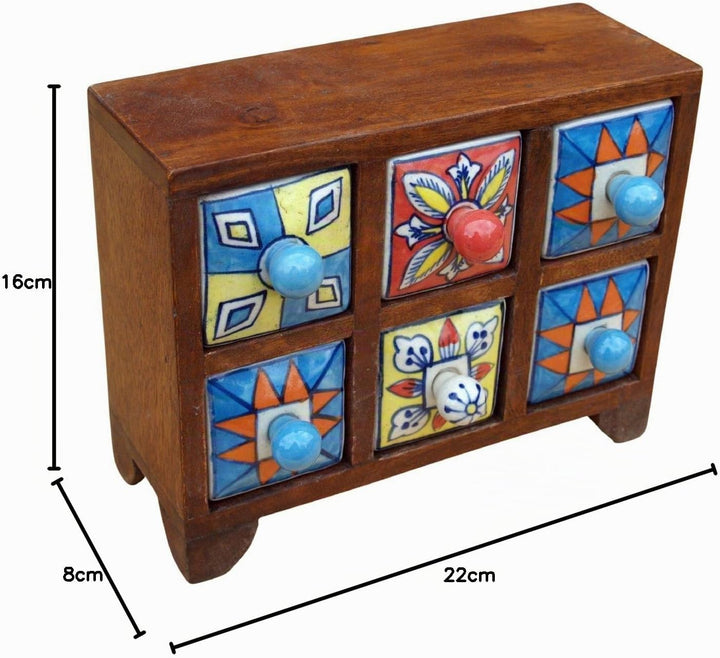 GURU SHOP Apothekerschränkchen mit Bunten Keramik Schubfächern, Gewürzkiste - 3x2 Fächer Modell 2, 1