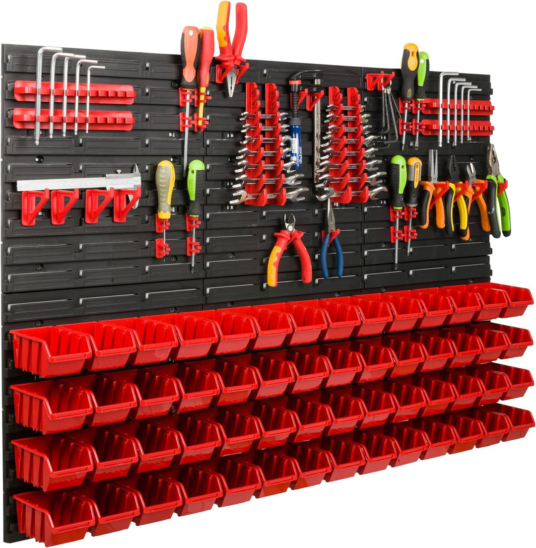 Lagersystem Werkstattregal | 117 x 78 cm | 56 stck. Box | Wandregal mit Werkzeughalterungen und Stap