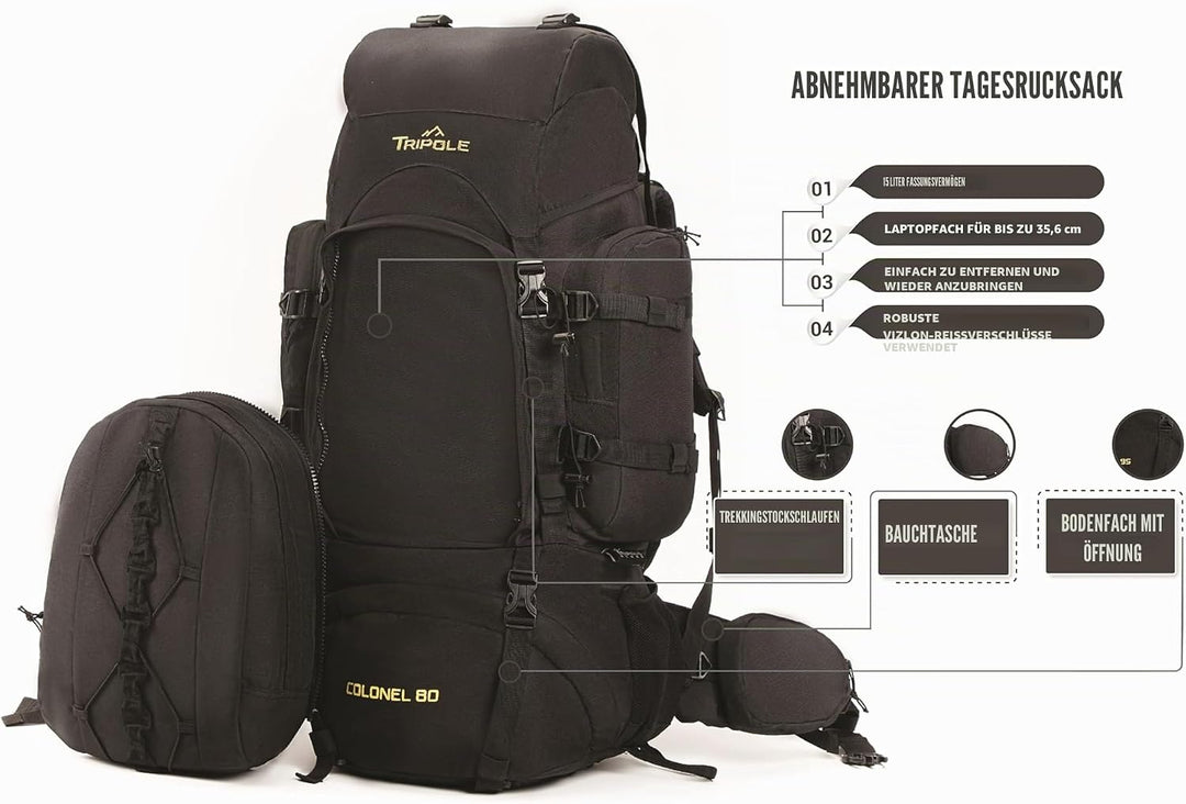 Tripole Rucksack Der Colonel-Serie Mit Innenrahmen - Mit Abnehmbarem Tagesrucksack Und Regenhülle 95