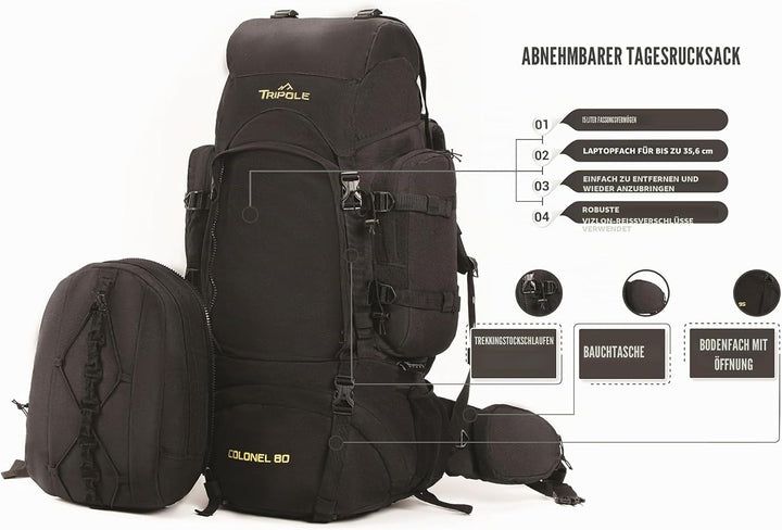 Tripole Rucksack Der Colonel-Serie Mit Innenrahmen - Mit Abnehmbarem Tagesrucksack Und Regenhülle 95