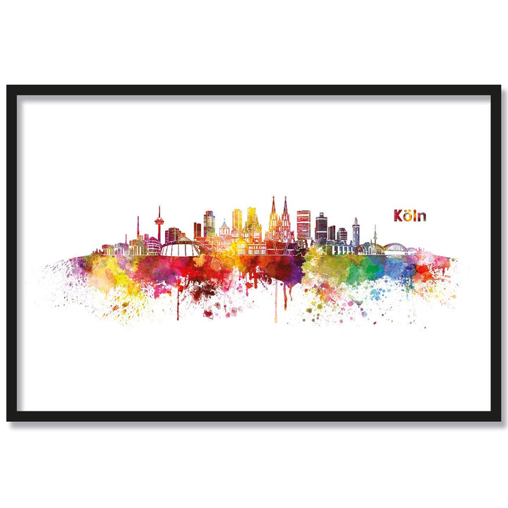 JUNIWORDS Poster mit/ohne Holzrahmen, Wähle ein Motiv, Aquarell Skyline Köln, Wähle eine Grösse, 21