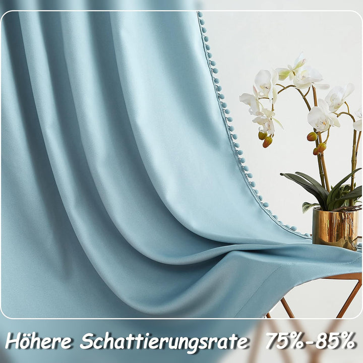 Treatmentex Blickdicht Vorhang mit Pompons Blau Vorhang mit Ösen Landhausstil Wärmeisoliert Thermovo