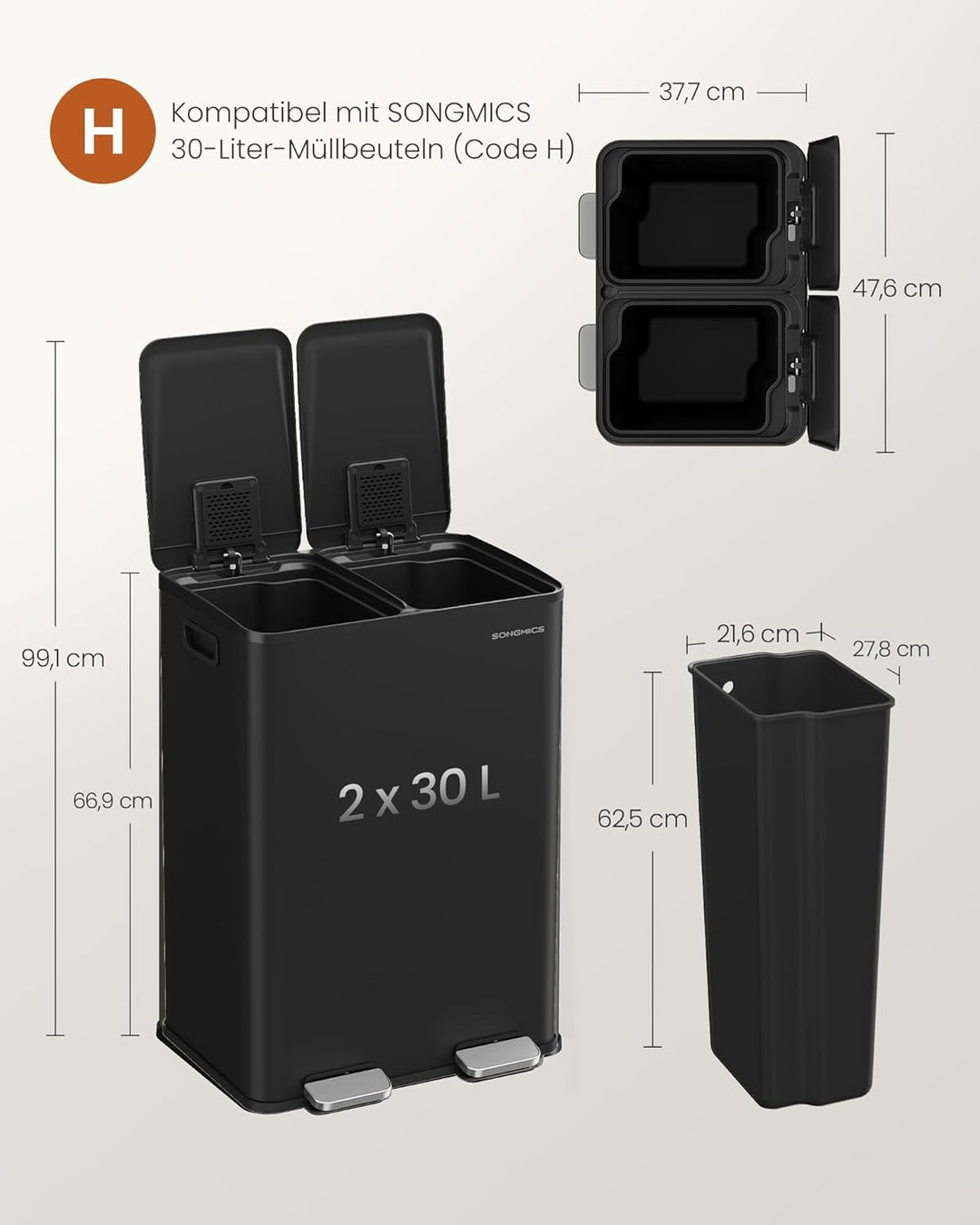 SONGMICS Mülleimer Küche, 2 x 30 Liter, 2 Fächer, Abfalleimer, Tretmülleimer, Küchenmülleimer mit So