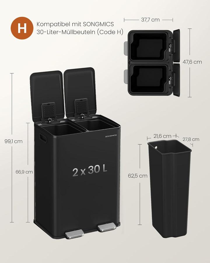 SONGMICS Mülleimer Küche, 2 x 30 Liter, 2 Fächer, Abfalleimer, Tretmülleimer, Küchenmülleimer mit So