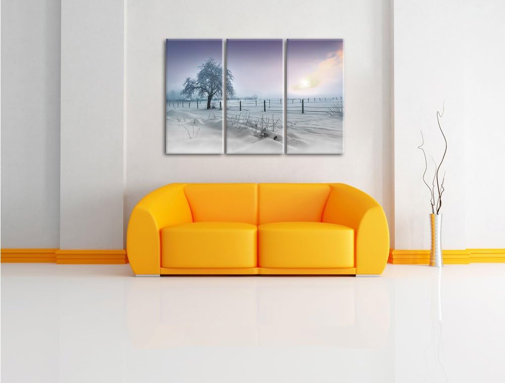 Pixxprint Einsamer Baum in Winterlandschaft schwarz/weiss 3-Teiler Leinwandbild 120x80 Bild auf Lein