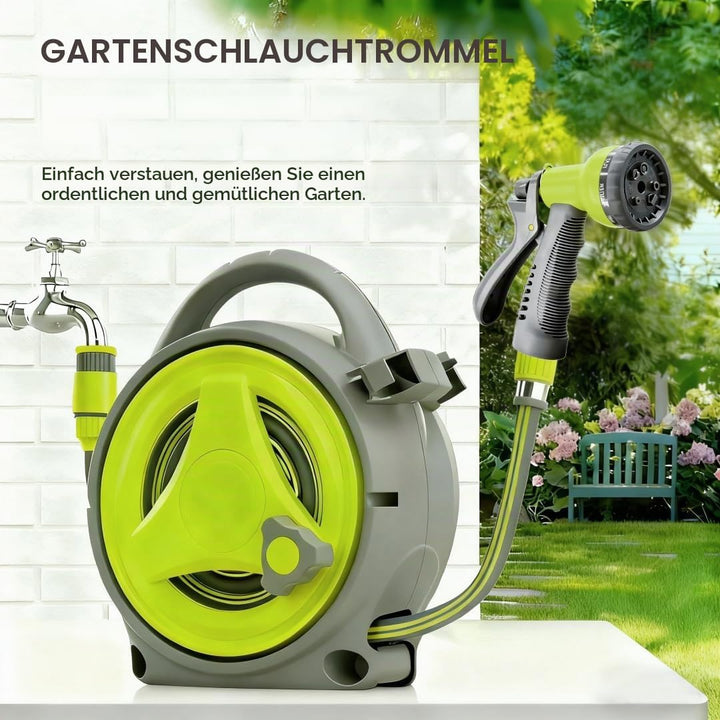 SAEIV Schlauchtrommel 12m Handbetrieb, Wandmontage Gartenschlauchaufroller mit Handbrause, Flexibler