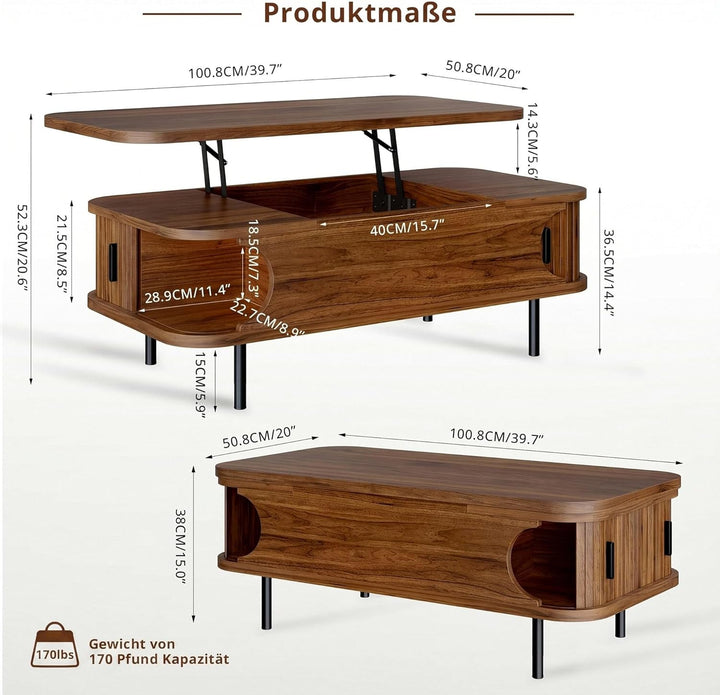 IRONCK Couchtisch höhenverstellbar, Wohnzimmertisch mit Stauraum, Holz Kaffeetisch mit Schiebetüren,