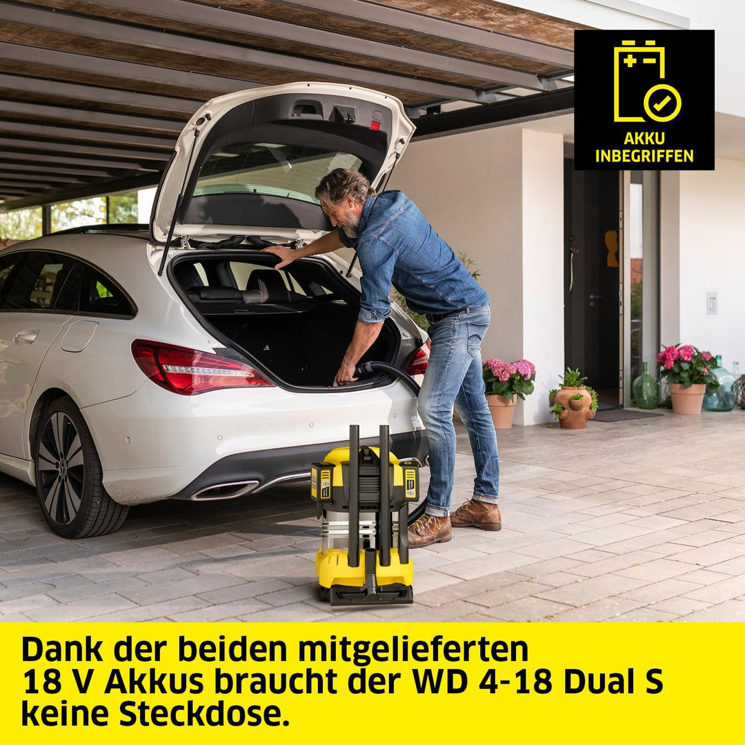 KÄRCHER Akku-Nass-/Trockensauger WD 4-18 S Dual Battery Set, 36-V-Motor, Edelstahlbehälter: 20 l, Bl