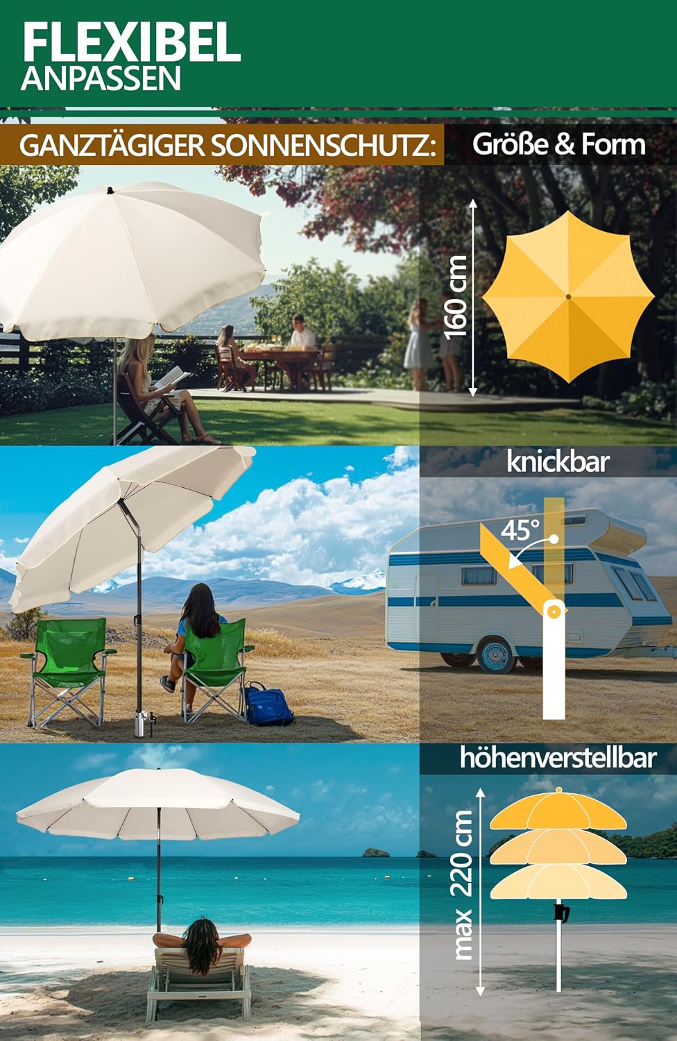 4smile Sonnenschirm Strand 3-in-1 Set, Ø 180 cm, Beige, Strandschirm Windfest Stabil, UV50 Sonnensch