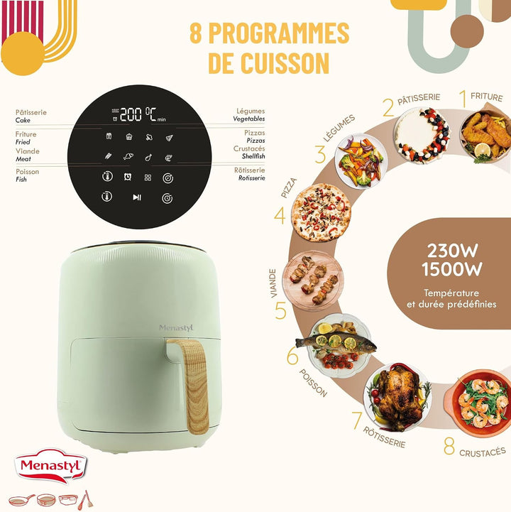 MENASTYL - Fritteuse ohne Heissluftöl Colorama – Seladon – ohne PFAS – 4,5 l – 8 Programme – Tempera
