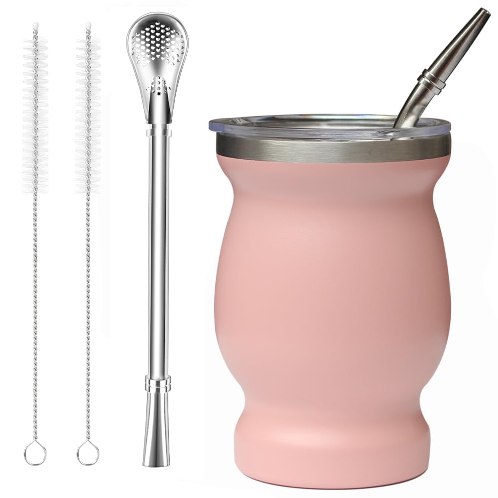 Yerba Mate Tee Set (Mate Becher), Edelstahl-Teetassen-Set mit einem multifunktionalen Deckel, zwei T