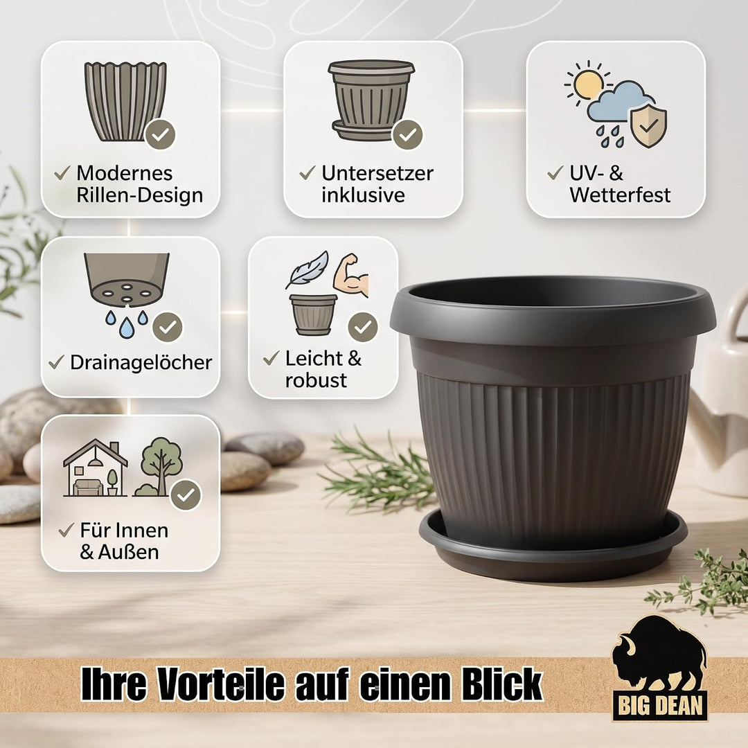 BigDean Jumbo 62cm Blumentopf mit Untersetzer Anthrazit Blumenkübel