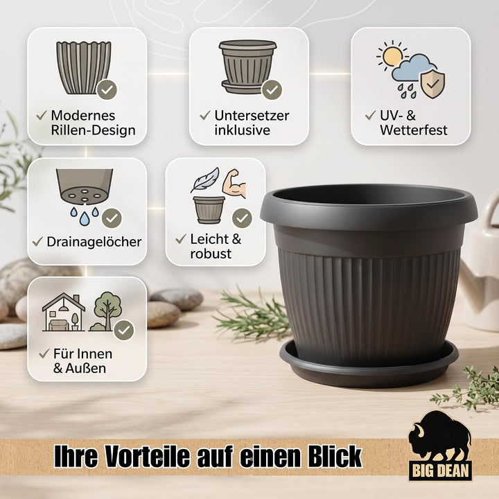 BigDean Jumbo 62cm Blumentopf mit Untersetzer Anthrazit Blumenkübel