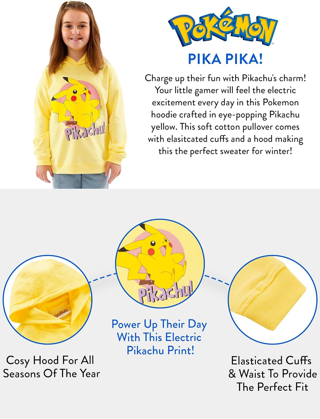 Pokemon Hoodie für Mädchen | Pikachu Kapuzenpullover | Kleidung Mädchen | Im Alter von 5 bis 12 Jahr