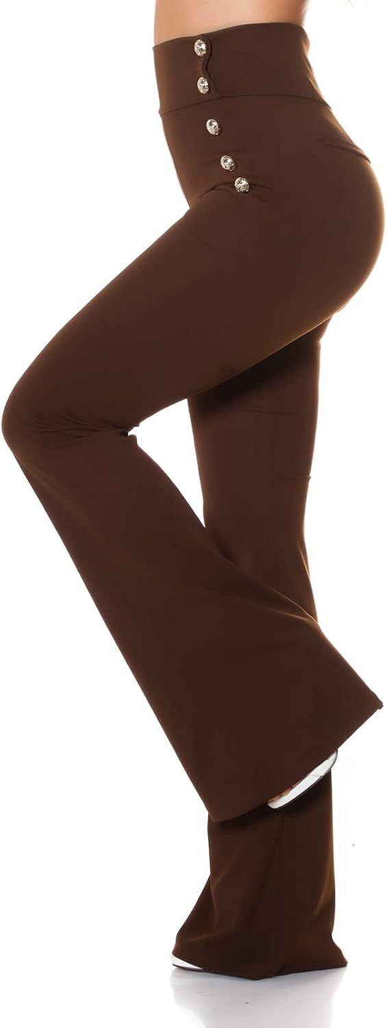 Stoff Business High Waist Schlag Hose mit Deko Knöpfe M Dunkelbraun, M Dunkelbraun